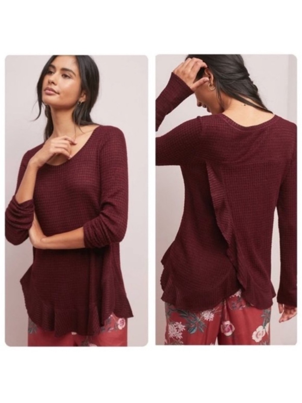 Anthropologie Saturday Sunday Wendy Waffle Knit Thermal Ruffle Long Sleeve Top